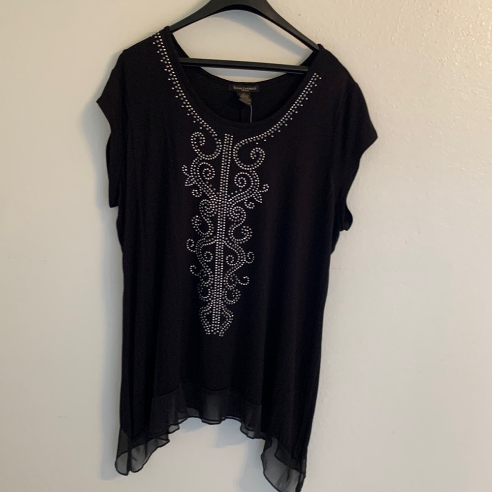 Susan Lawrence Woman Black Silver Stud Embellishment Shear Short Sleeve Shirt